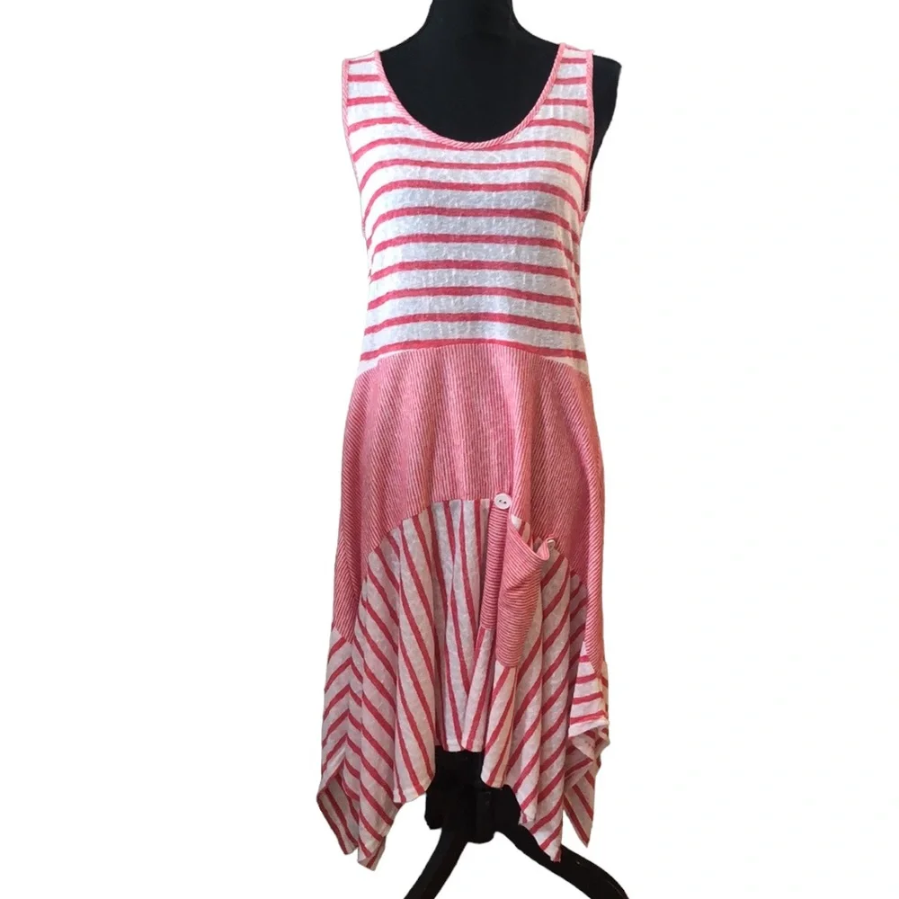 MICHAEL TYLER SLEEVELESS ASYMMETRICAL STRIPED TANK DRESS RED WHITE SIZE MEDIUM